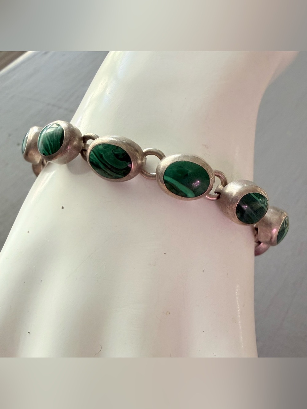 Mexico 925 Sterling Silver Green Malachite Silver Link Bracelet